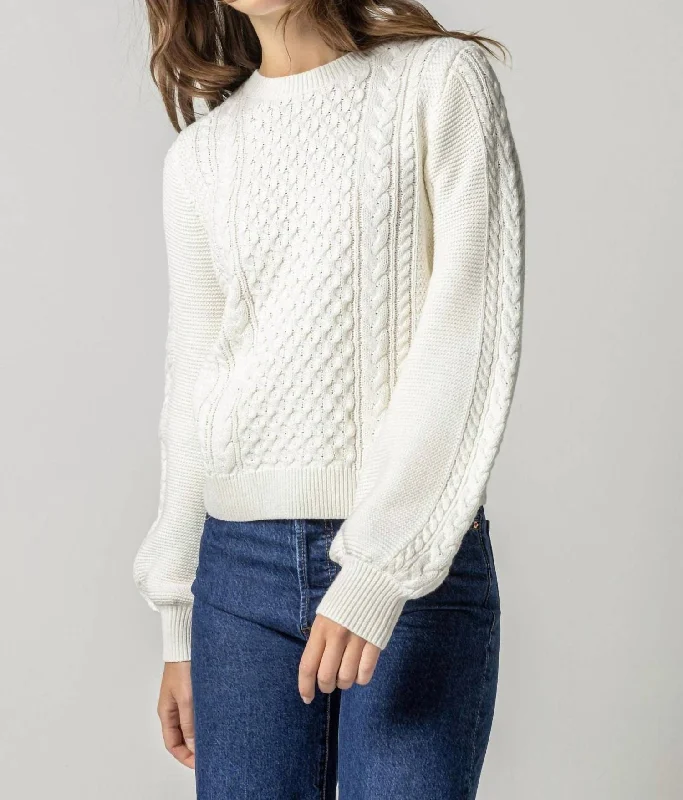 V - Neck Women Sweater to Elongate the NecklineLong Sleeve Cable Crewneck Sweater In Ivory