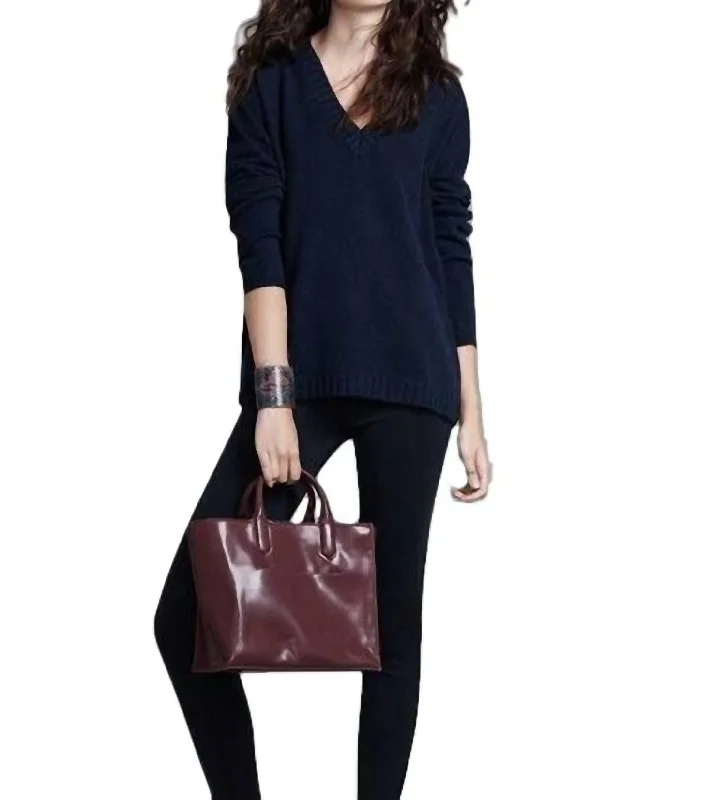 Cropped Women Sweater to Pair with High - Waisted BottomsLuxe T-Back Vee Sweater In Navy/truffle