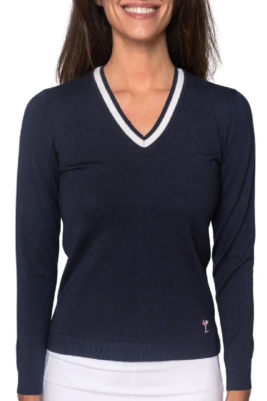 Organic Cotton Women Sweater for an Eco - Friendly ChoiceNavy/White Stretch V-Neck Sweater