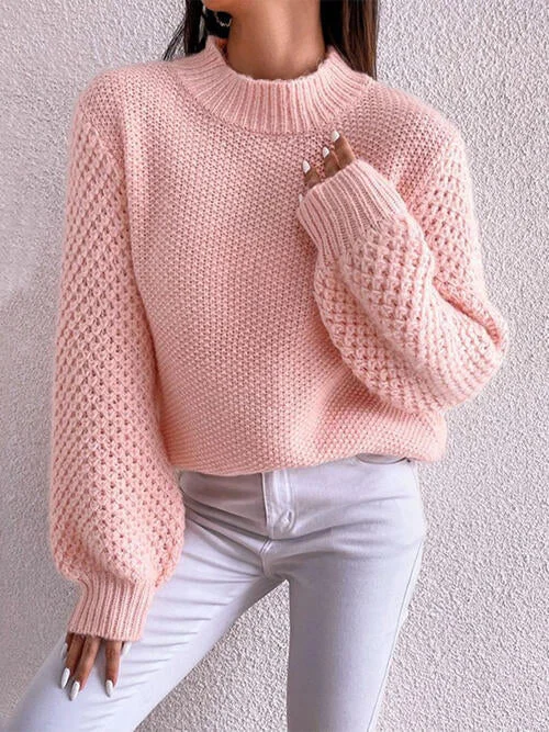 Organic Cotton Women Sweater for an Eco - Friendly ChoiceOpenwork Mock Neck Long Sleeve Sweater