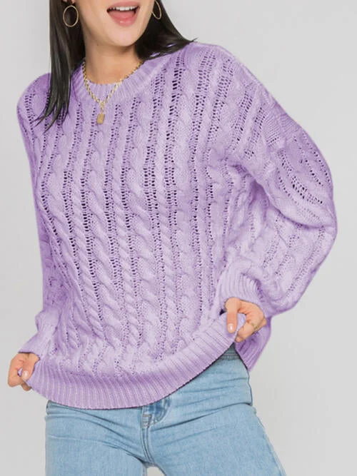 Cashmere Women Sweater with a Luxurious Soft TouchOpenwork Round Sleeve Cable-Knit Sweater