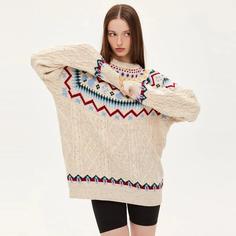 Open - Front Women Sweater for Easy LayeringOversized Off White Crew Neck Fisherman Cable Knit Fair Isle Sweater