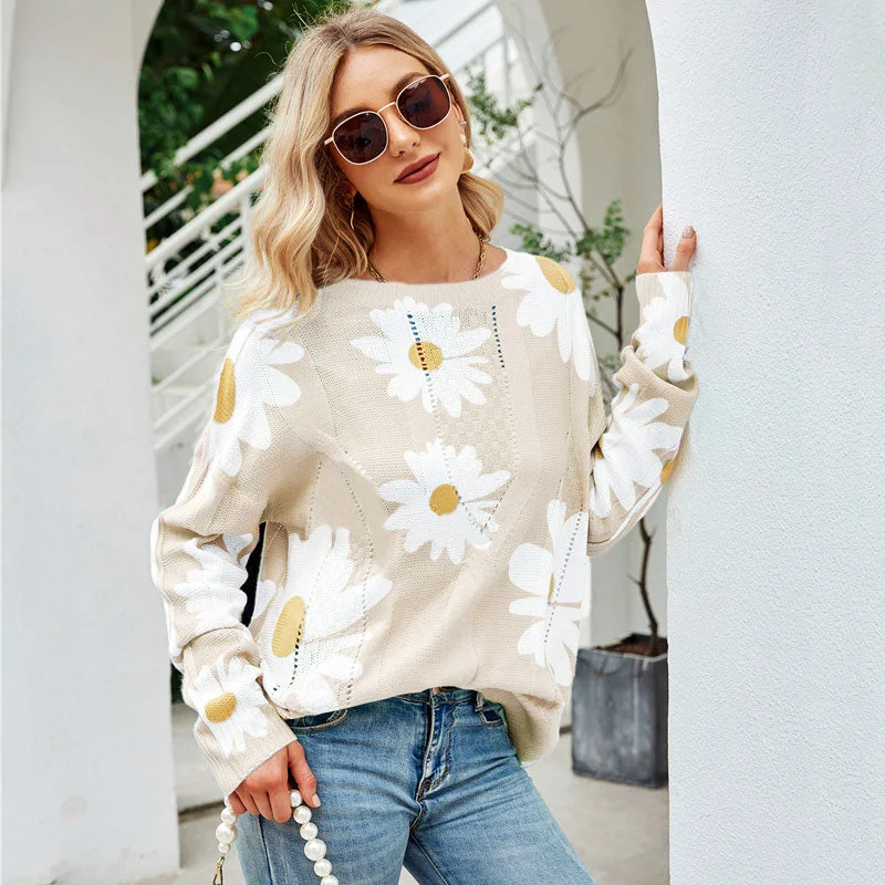 Mock - Neck Women Sweater for a Modern TwistOversized Crew Neck Sunflower Pointelle Cable Knit Sweater