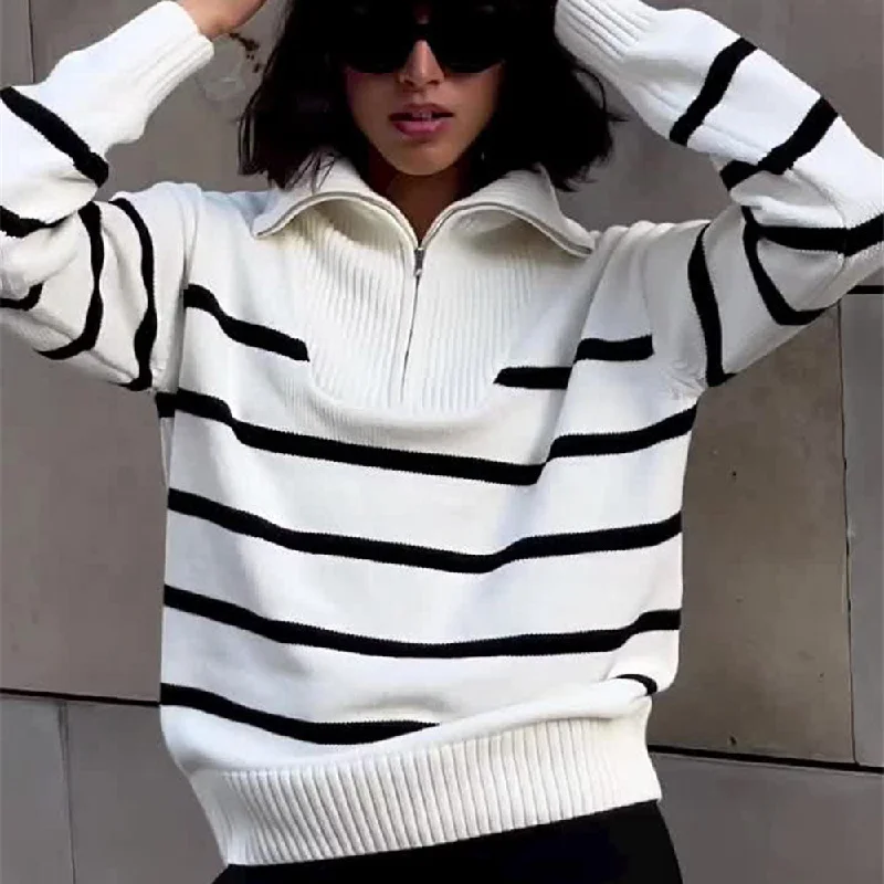 Hooded Women Sweater for Added Comfort and StyleOversized Foldover Collar Contrast Black and White Striped Half Zip Sweater