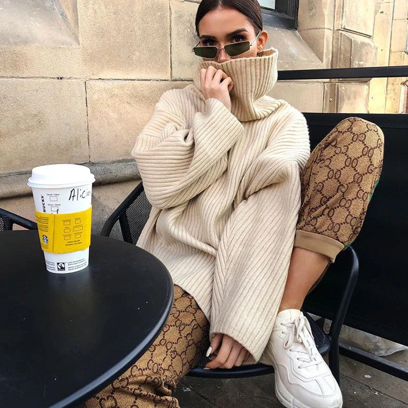 Floral Print Women Sweater for a Feminine AppealOversized Beige Turtleneck Drop Shoulder Split Side Rib Knit Sweater