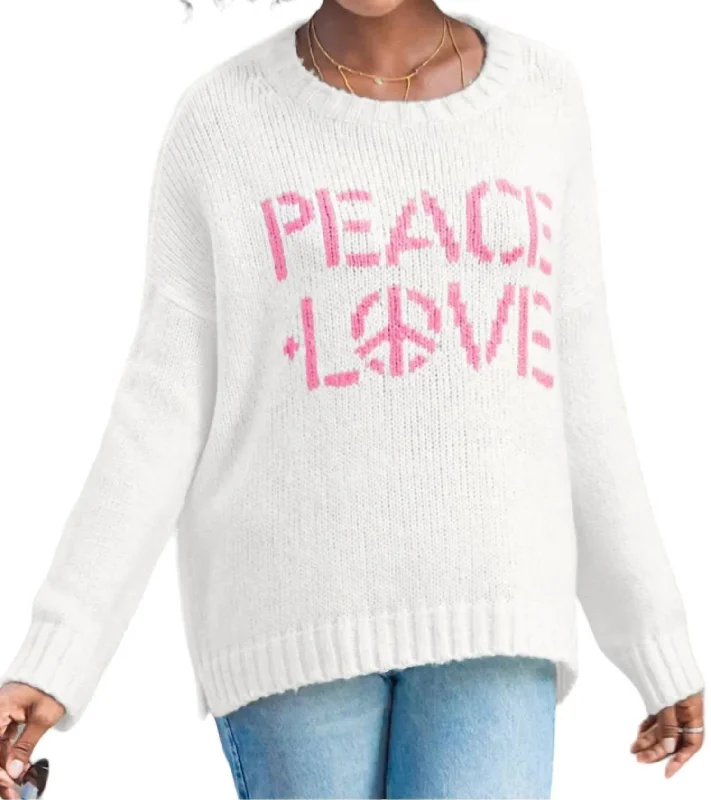 V - Neck Women Sweater to Elongate the NecklinePeace Love Crew Sweater In White/pink