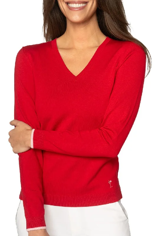 V - Neck Women Sweater to Elongate the NecklineRed/Light Pink Stretch V-Neck Sweater