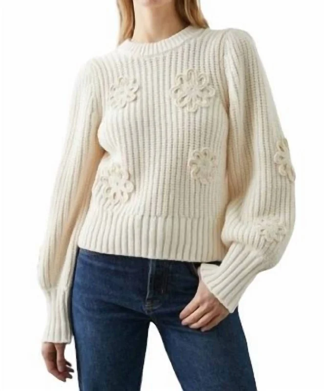 Long - Sleeve Women Sweater with Ribbed CuffsRomy Sweater In Ivory Crochet Daisies