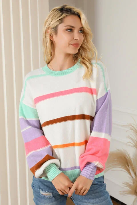 Open - Front Women Sweater for Easy LayeringRound Neck Lantern Sleeve Sweater