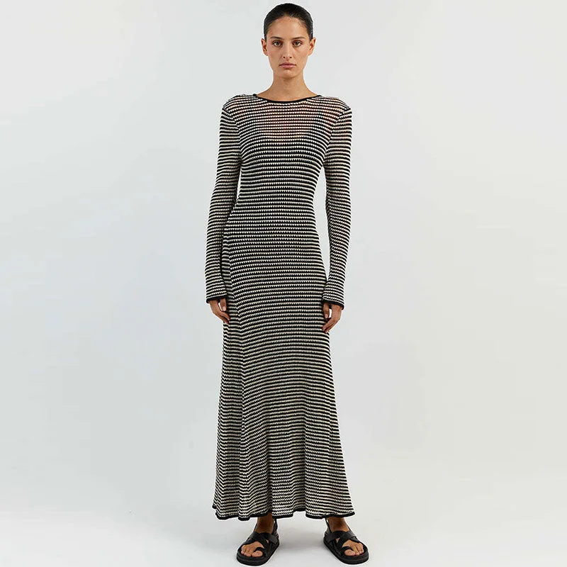 Plus - Size Women Sweater with a Flattering FitSleek Open Wavy Black and White Striped Crochet Knit Fishtail Maxi Dress