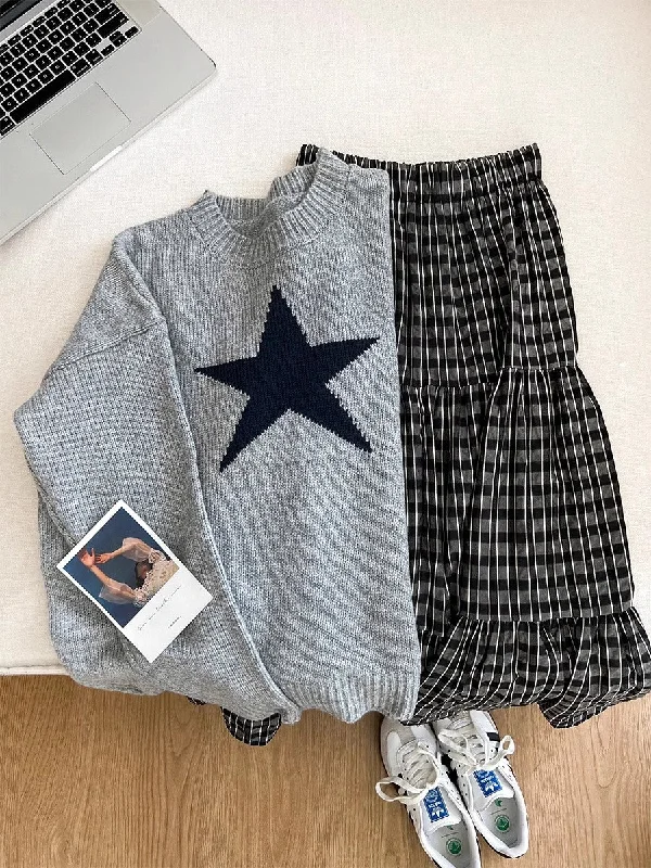 Lightweight Women Sweater for Spring and FallSoft round-neck star sweater plaid skirt suit   S4744