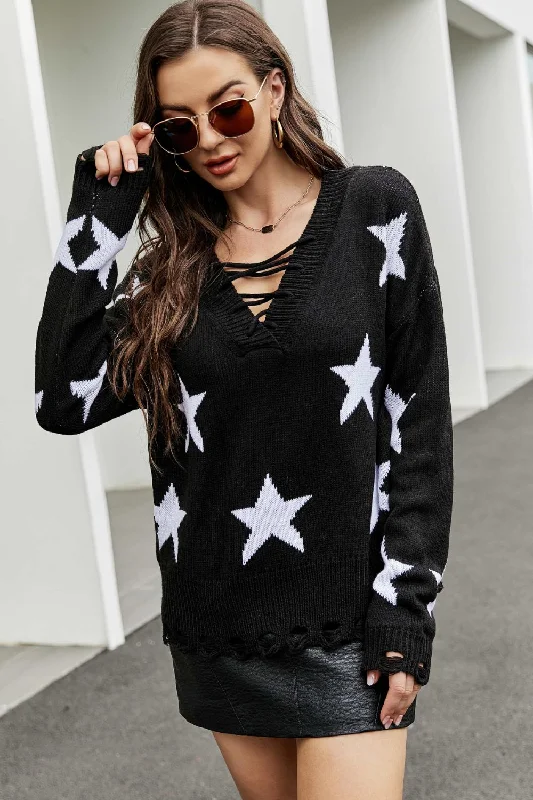 Lightweight Women Sweater for Spring and FallStar Pattern Lace-Up Drop Shoulder Sweater