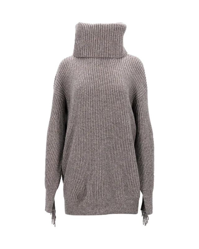 Long - Sleeve Women Sweater with Ribbed CuffsStella McCartney Turtleneck Fringed Sweater in Grey Cashmere