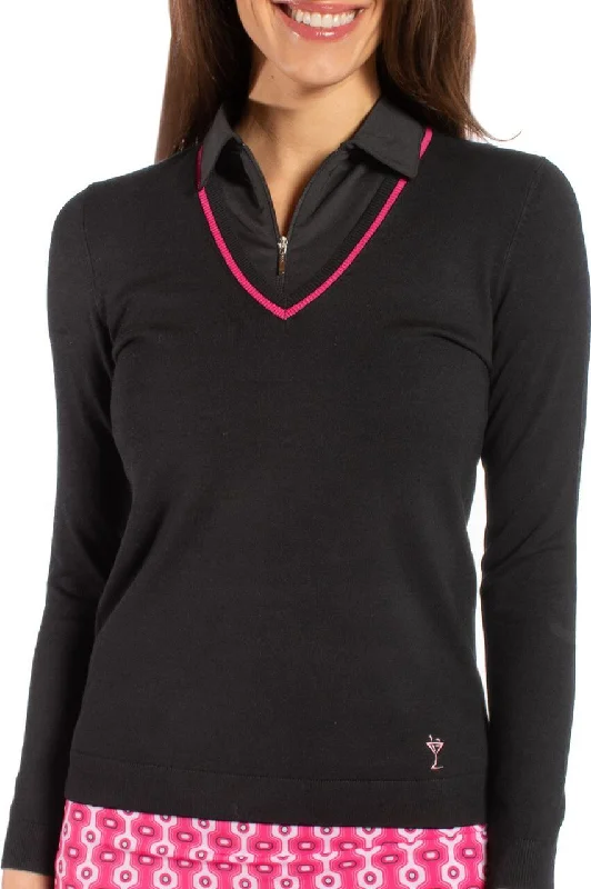 Hooded Women Sweater for Added Comfort and StyleBlack/Hot Pink Stretch V-Neck Sweater