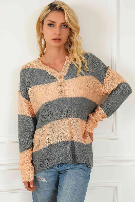 Cropped Women Sweater to Pair with High - Waisted BottomsStriped Buttoned Dropped Shoulder Slit Sweater