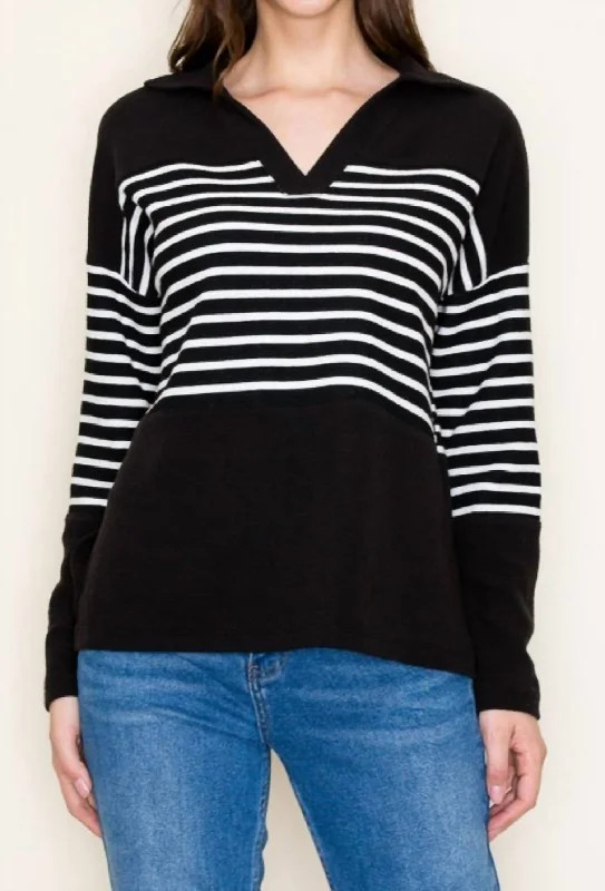 Lightweight Women Sweater for Spring and FallStriped Collared Sweater In Black