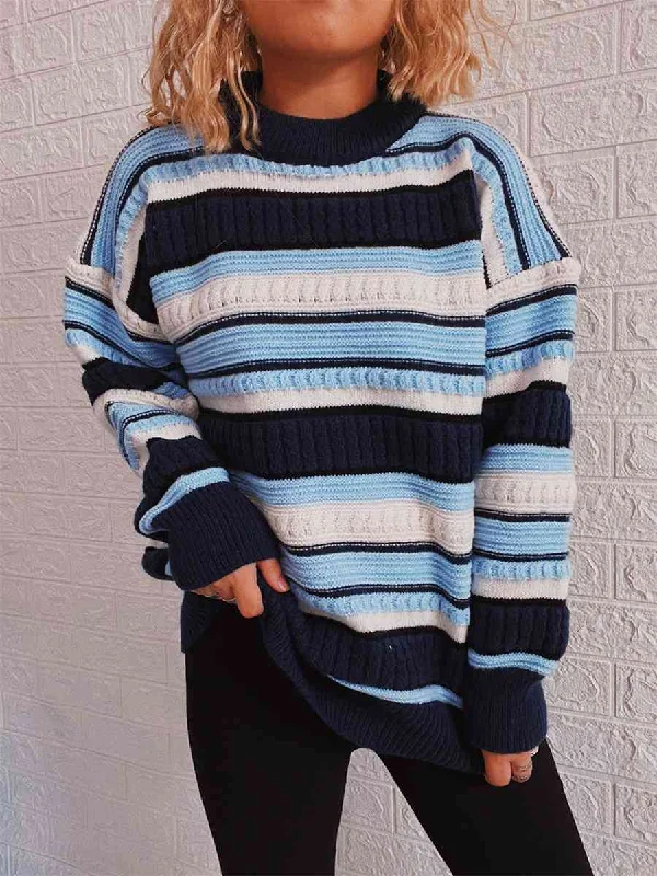 Cable - Knit Women Sweater with Intricate PatternsStriped Drop Shoulder Round Neck Sweater