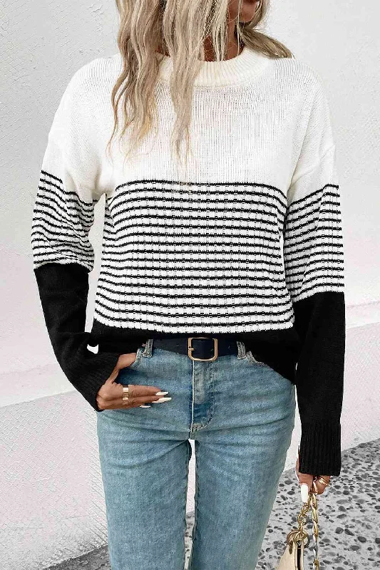 Color - Blocked Women Sweater for a Bold Fashion StatementStriped Drop Shoulder Sweater