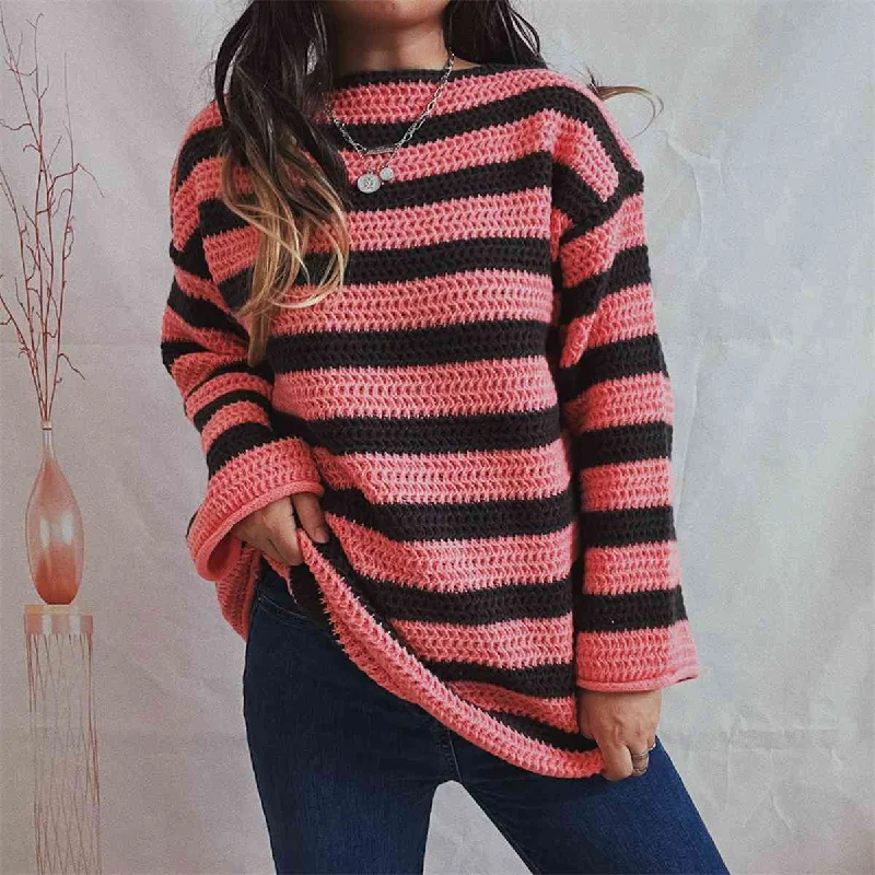 Organic Cotton Women Sweater for an Eco - Friendly ChoiceStriped Round Neck Long Sleeve Sweater