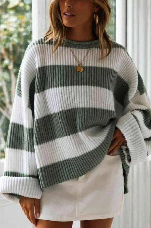 Cropped Women Sweater to Pair with High - Waisted BottomsStriped Round Neck Long Sleeve Sweater