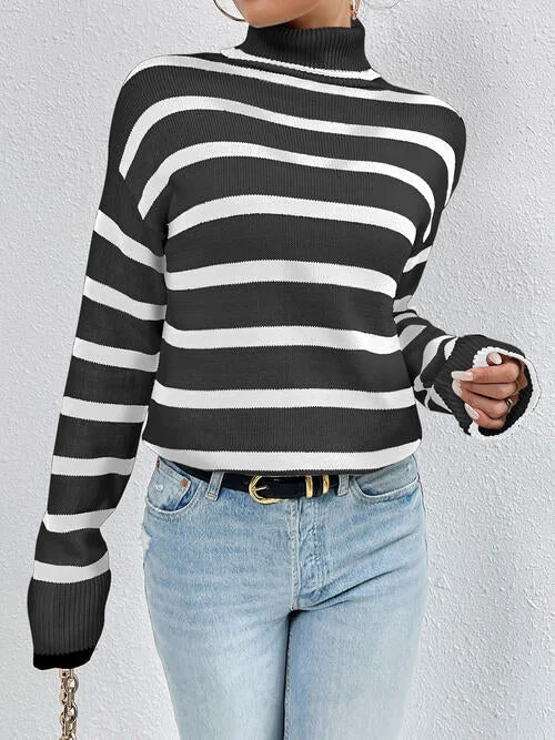 Striped Women Sweater with a Timeless PatternStriped Turtleneck Long Sleeve Sweater