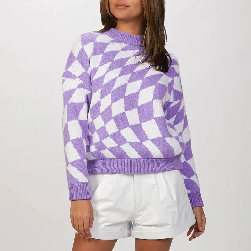 Hooded Women Sweater for Added Comfort and StyleUnique Argyle Checkered Print High Neck Drop Shoulder Sweater