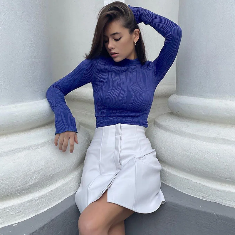 Mock - Neck Women Sweater for a Modern TwistUnique Klein Blue Lettuce Trim High Neck Long Sleeve Textured Knit Fitted Top