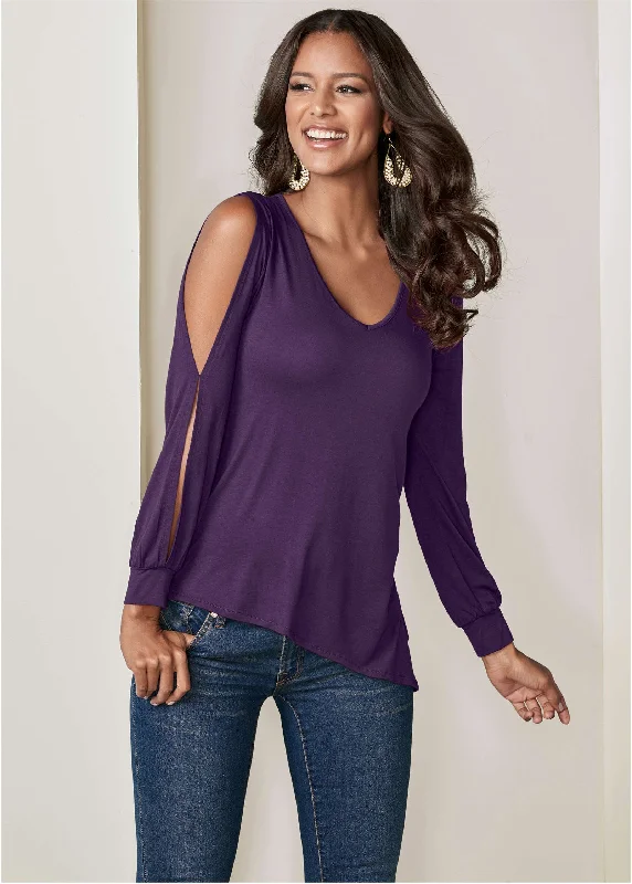 Chunky Knit Women Sweater for Winter WarmthV-Neck Cold-Shoulder Top - Dark Purple