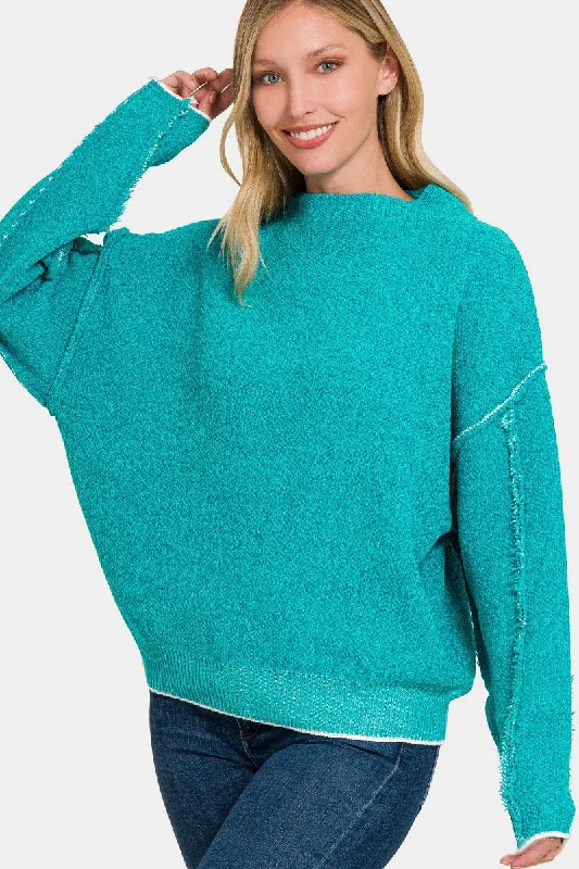 Oversized Women Sweater for a Cozy and Fashionable LookZenana Exposed Seam Mock Neck Long Sleeve Sweater