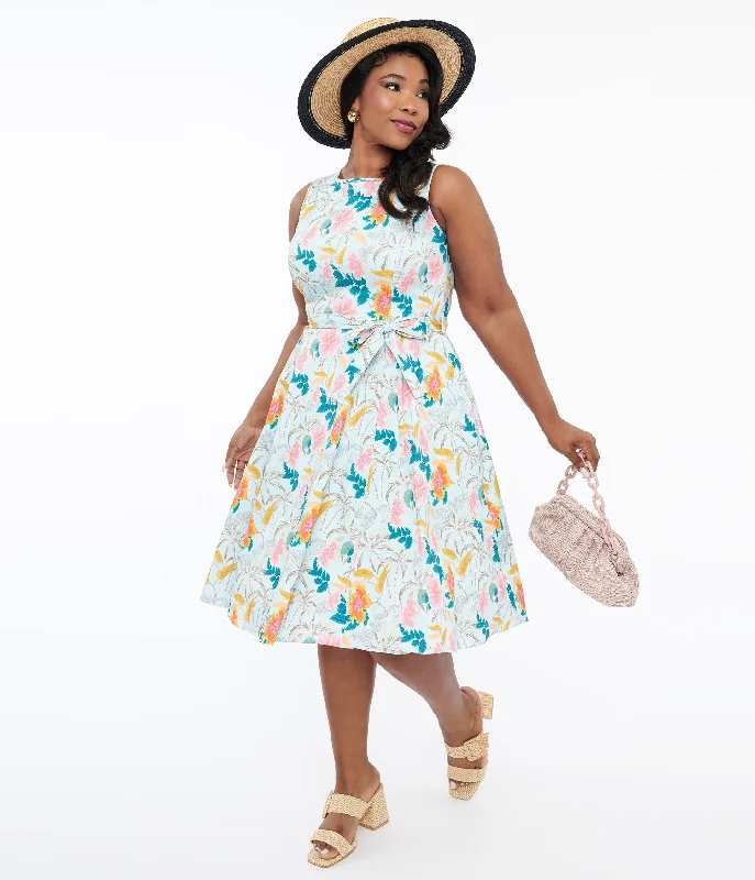 Plus Size Women Dress with a Flattering A - Line Cut for Comfort and Style1950s Blue Tropical Holiday Cotton Hepburn Swing Dress