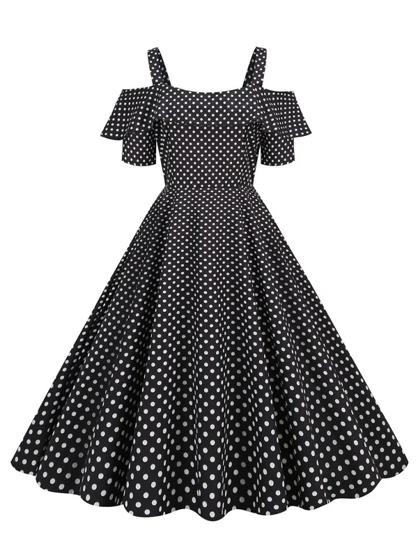 Sleeveless Women Dress in Bright Colors for Summer Parties1950s Cold Shoulder Polka Dots Dress