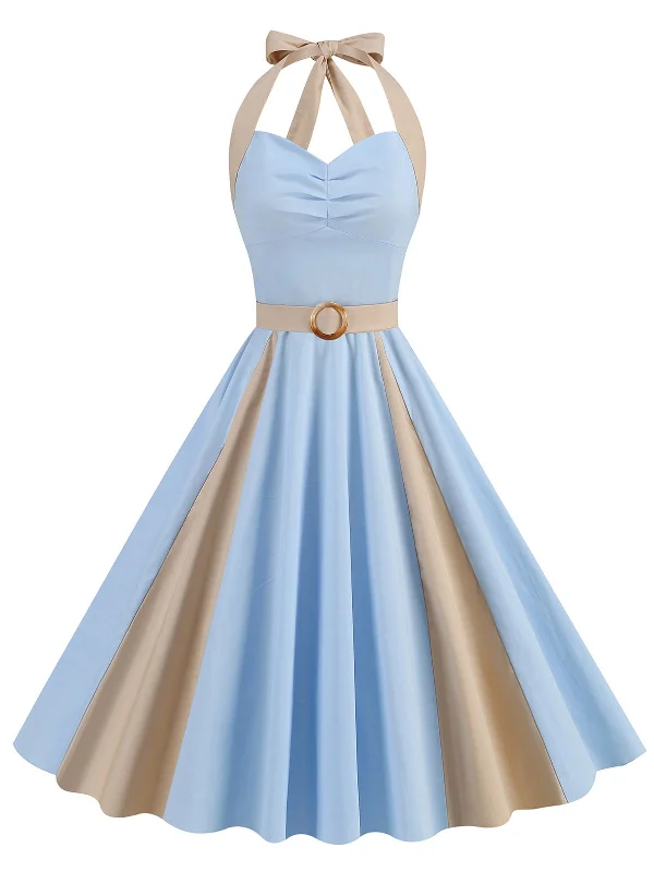 Mermaid - Style Women Dress with a Fitted Silhouette for Special Occasions1950s Halter Solid Color Block Belt Dress