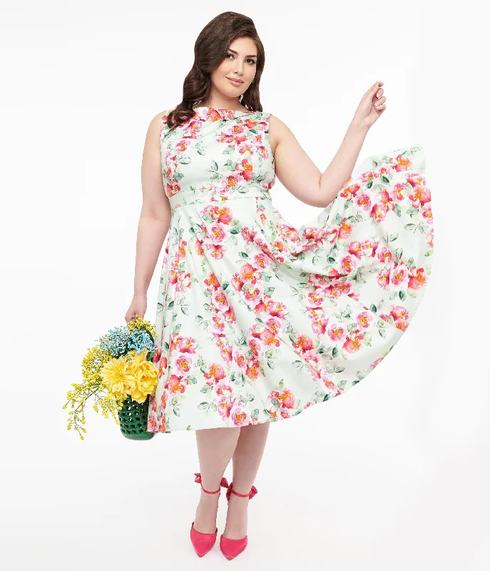 Strapless Women Dress with a Built - in Bra for Comfort and Support1950s Mint Green & Pink Floral Print Cotton Marissa Swing Dress