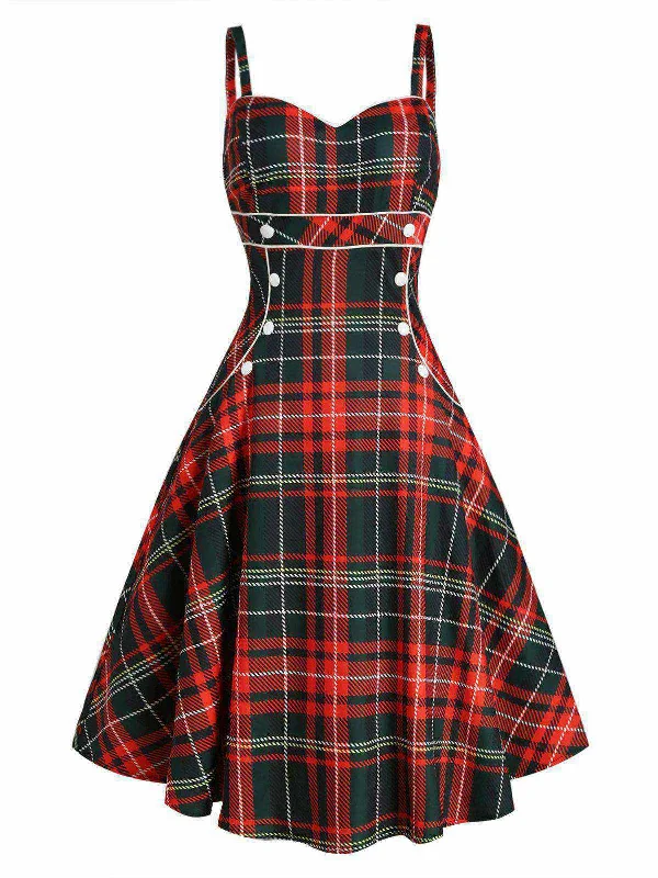 Ruffled Women Dress with Multiple Layers for a Playful and Girly Style1950s Plaid Button Strap Swing Dress