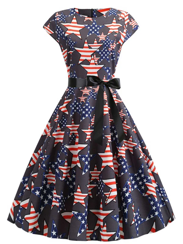 Maxi Women Dress with Floral Print for a Bohemian Vibe1950s Round Neck Stars Belted Dress