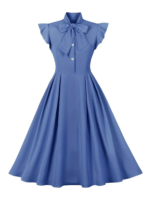 Mini Women Dress with a Short Hem for a Young and Trendy Style1950s Solid Ruffle Sleeve Bow Neck Dress