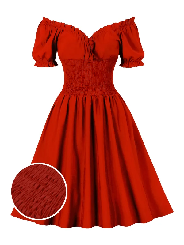 Ball Gown Women Dress with a Full Skirt for a Princess - like Look1950s Solid Smocked Waist Off-Shoulder Dress