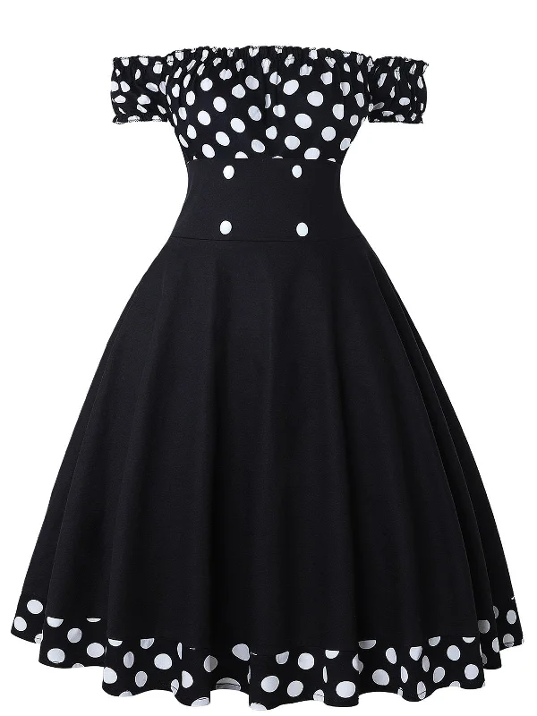 Strapless Women Dress with a Built - in Bra for Comfort and SupportBlack 1950s Off Shoulder Polka Dots Dress