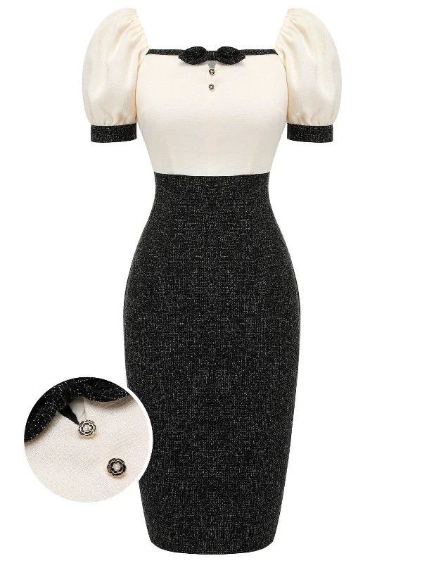 Mini Women Dress with a Short Hem for a Young and Trendy StyleBlack & Beige 1960s Puff Sleeve Pencil Dress