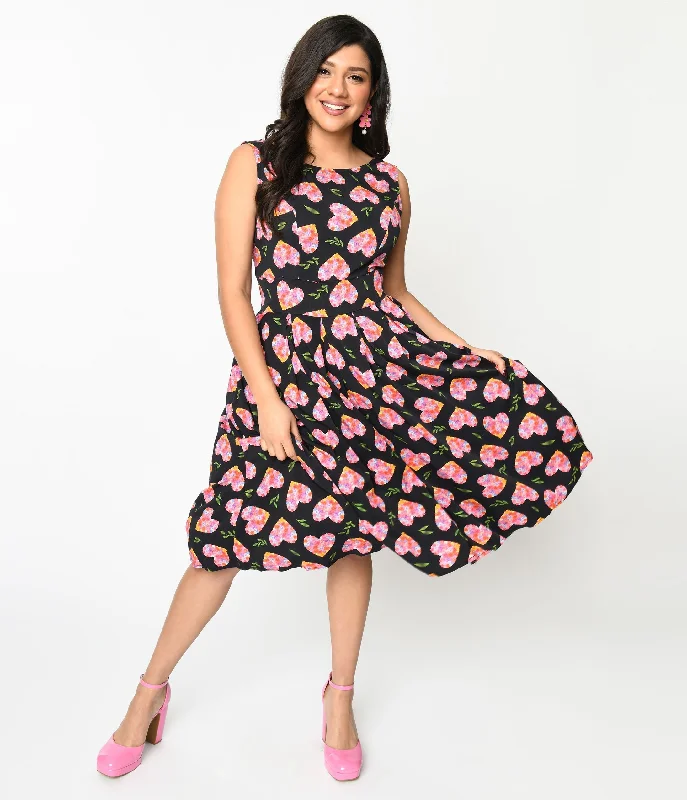 Maxi Women Dress with Floral Print for a Bohemian VibeBlack & Multicolor Floral Hearts Swing Dress