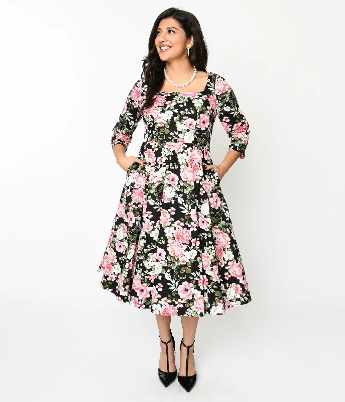 Pleated Women Dress with a Timeless and Elegant TextureBlack Pink Bloom Swing Dress