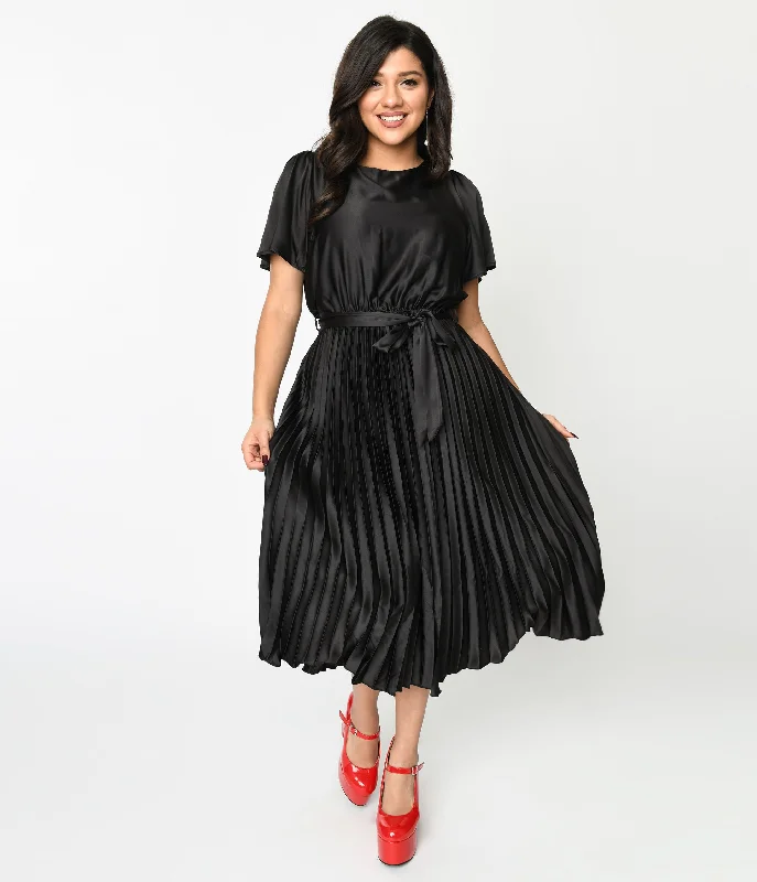 Mermaid - Style Women Dress with a Fitted Silhouette for Special OccasionsBlack Satin Pleated Midi Dress