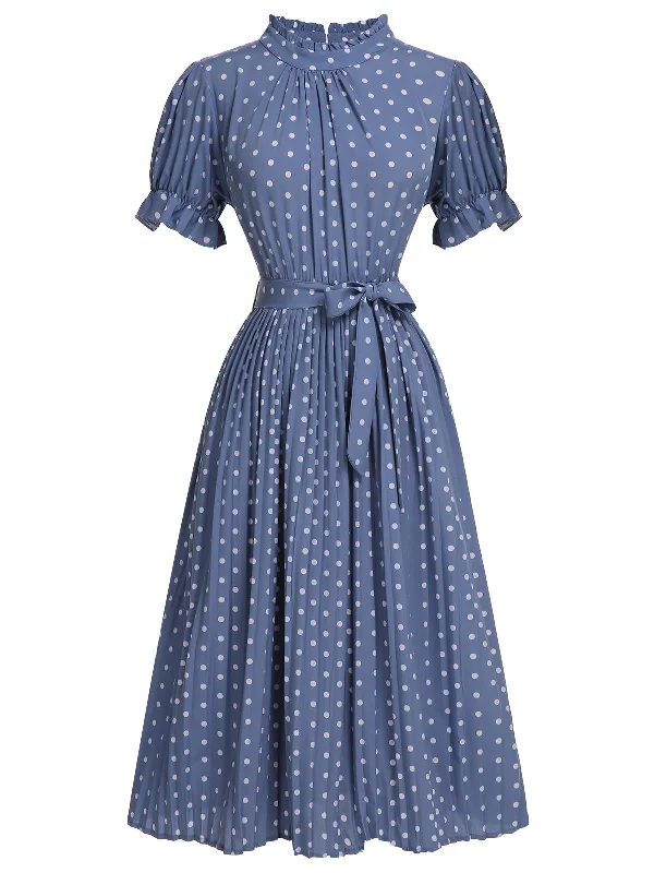 Long - Sleeve Women Dress in Velvet for a Luxurious Winter LookBlue 1930s Polka Dots Bow Tie Pleated Dress