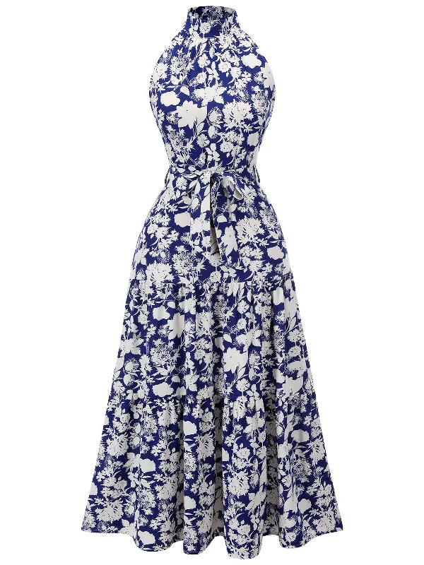 Backless Women Dress for a Sexy and Alluring Look at Evening EventsBlue 1930s Stand Collar Floral Dress