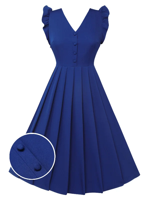 Strapless Women Dress with a Built - in Bra for Comfort and SupportBlue 1950s Pleated Ruffles Vest Dress