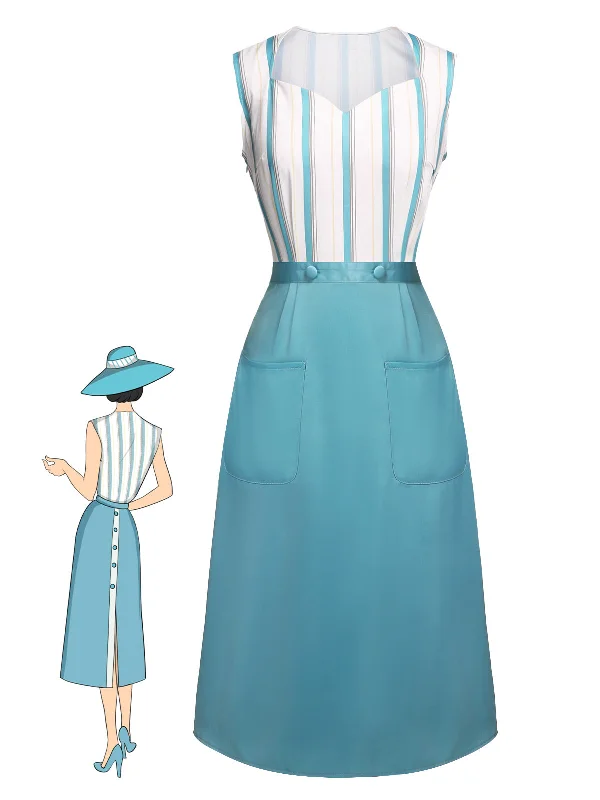 Lace - Embellished Women Dress for an Elegant and Sophisticated AppearanceBlue 1950s Stripes Patchwork Pocketed Dress