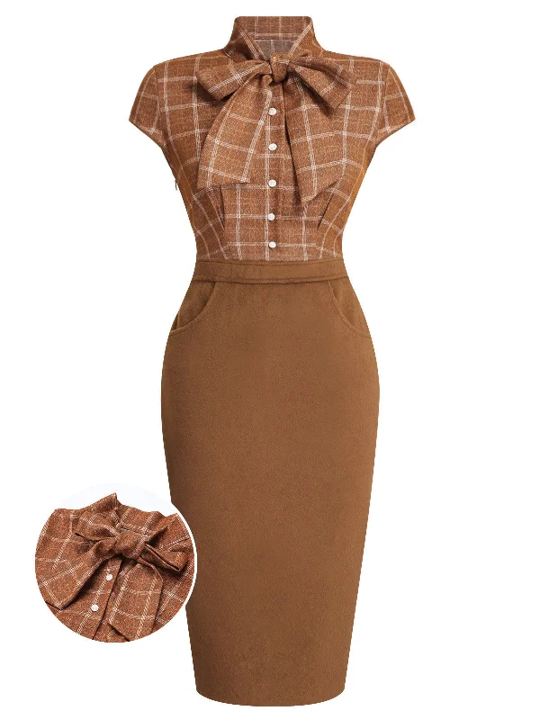 Shift Women Dress with a Simple and Classic Design for Everyday WearBrown 1960s Plaid Patchwork Pencil Dress