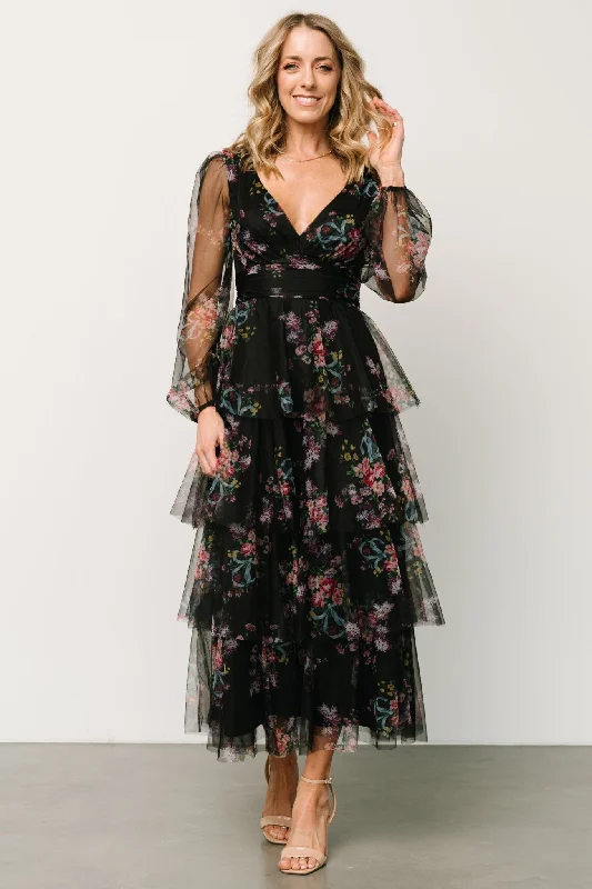 Empire Waist Women Dress to Accentuate the Bust and Conceal the WaistCarolina Tulle Tiered Maxi Dress | Black Floral