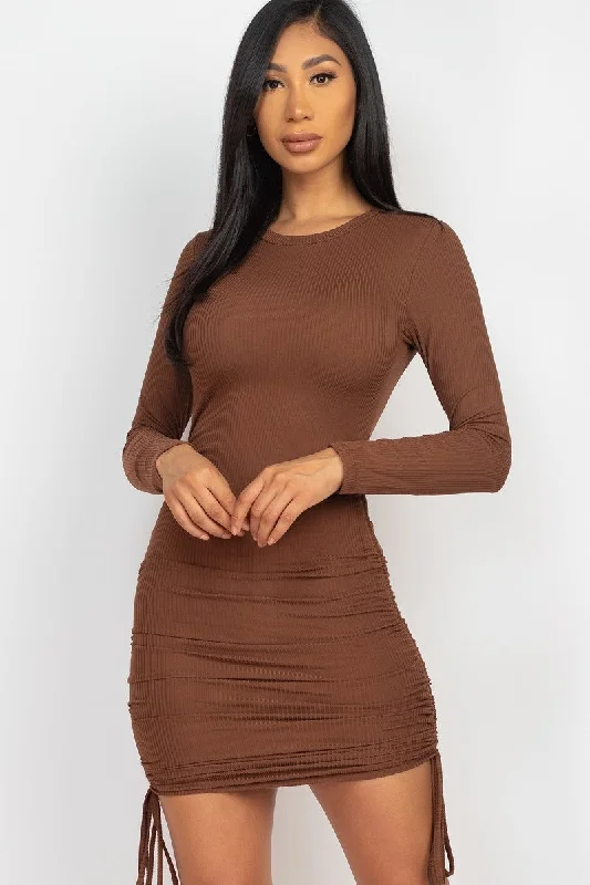 Ruffled Women Dress with Multiple Layers for a Playful and Girly StyleRibbed long sleeve drawstring bodycon dress