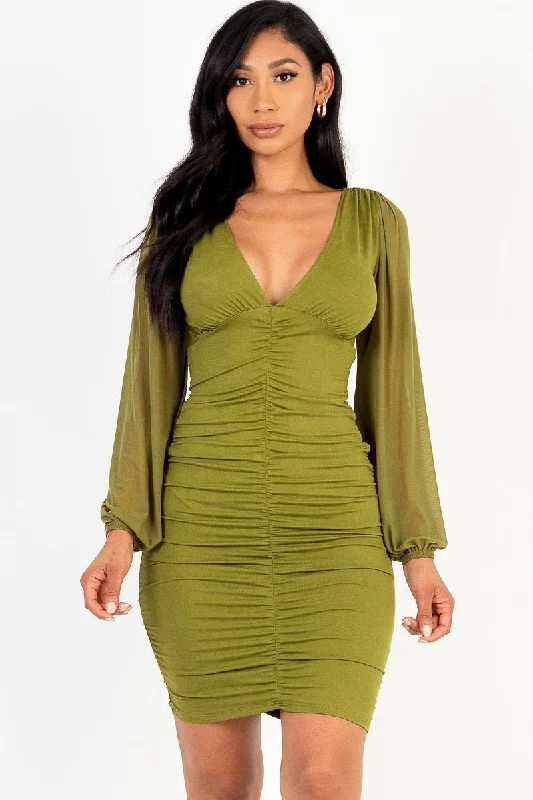 Mini Women Dress with a Short Hem for a Young and Trendy StyleRuched mesh long sleeve v-neck mini dress